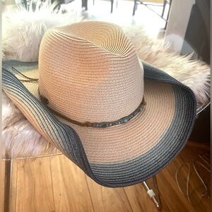 Straw Natural Ombré Blue Beach Beaded Sun Cowboy Hat